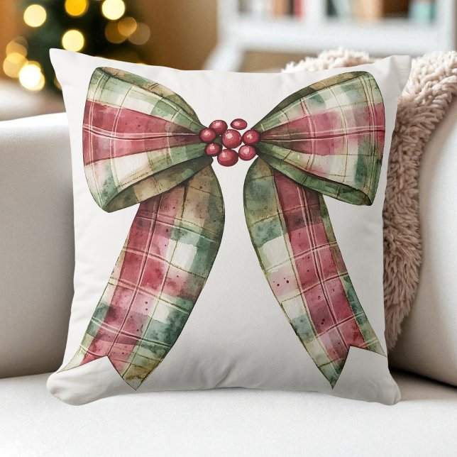 Coussin Aquarelle Plaid Noël Bow Rouge Vert Russe (Watercolor Plaid Christmas Bow Red Green Rustic Throw Pillow)