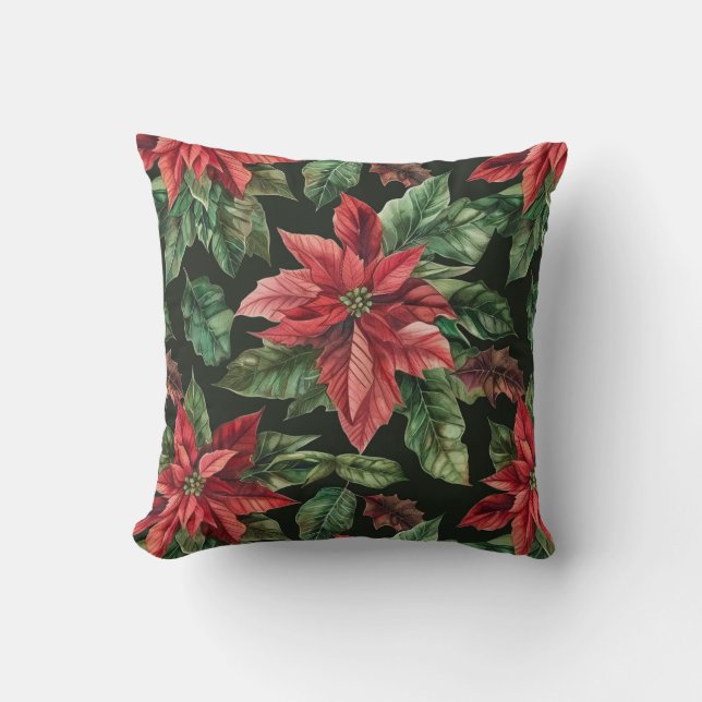 Coussin Aquarelle Poinsettia fleur Noël (Recto)