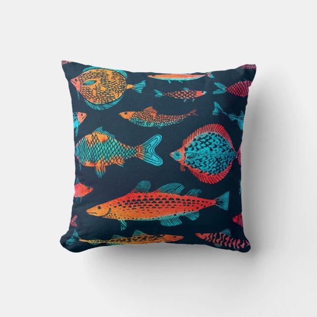 Coussin Aquarelle Poissons : Bleu Profond Sans Mer (Recto)