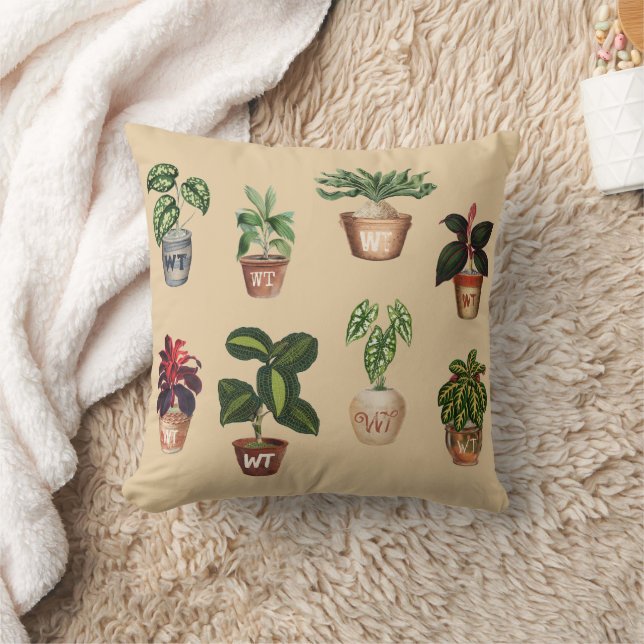 Coussin Aquarelle Pots Plante en terre cuite Monogramme (Couverture)