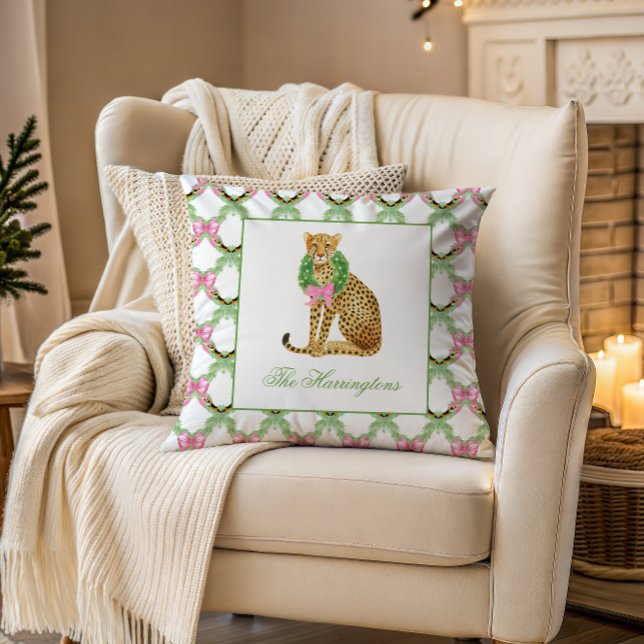 Coussin Aquarelle Préppy Léopard Noël (Créateur téléchargé)
