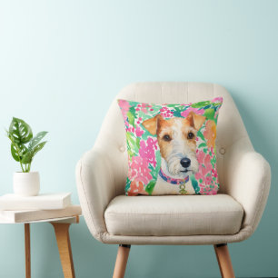 Coussin Aquarelle Preppy Palm Beach Fox Terrier Chien