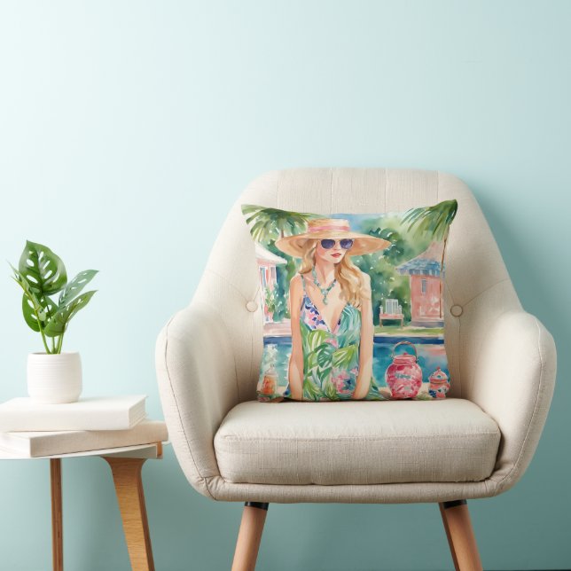 Coussin Aquarelle Preppy Palm Beach Girl à la piscine (Chaise)
