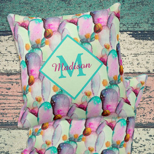 Coussin Aquarelle Prickly Pear Cactus Fleurs Monogramme
