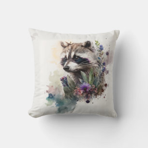 Coussin Aquarelle Raton laveur mignon Fleurs de printemps 