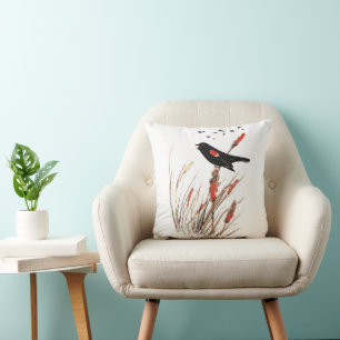 Coussin Aquarelle Red Wing Blackbird Oiseau Art de la natu