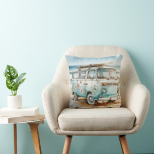 Coussin Aquarelle Retro Campervan Avec Surf