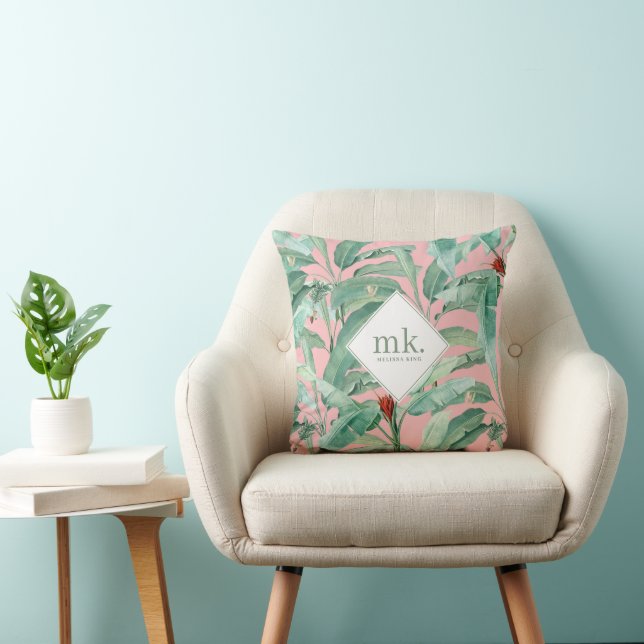 Coussin Aquarelle rose banane tropicale Feuilles Monogramm (Chaise)