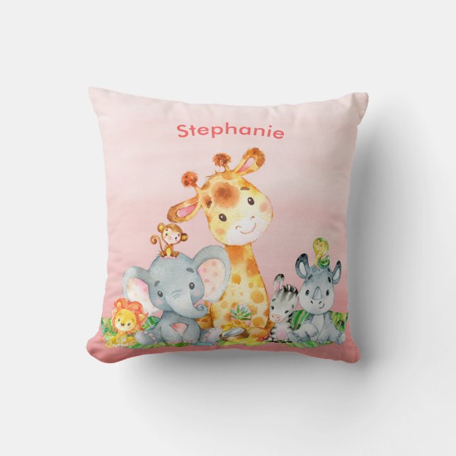 Coussin Aquarelle rose Cute Safari Jungle Animaux (Recto)