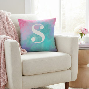 Coussin Aquarelle rose et sarcelle personnalisée