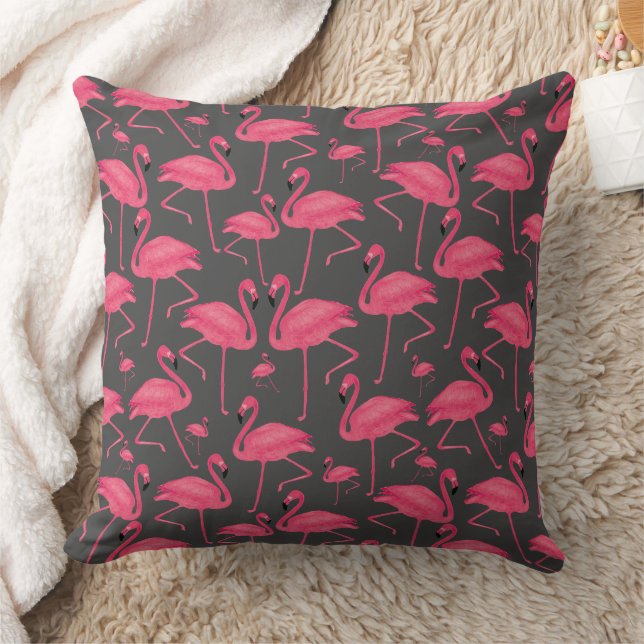 Coussin Aquarelle rose Flamant rose sur gris foncé (Couverture)