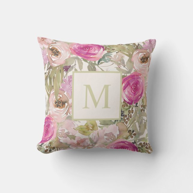 Coussin Aquarelle rose Floral Monogramme initial (Recto)