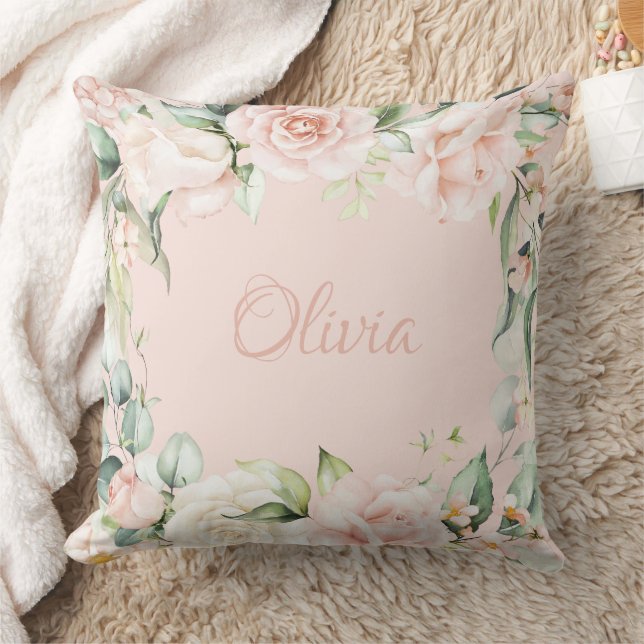 Coussin Aquarelle rose Floral Nom bébé fille (Couverture)