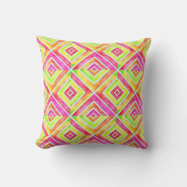 Coussin Aquarelle rose géométrique, carreaux vert chartreu (Recto)