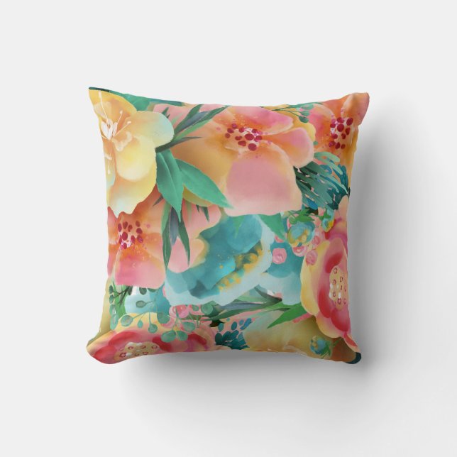 Coussin Aquarelle rose Jaune Turquoise Ressort Floral (Recto)
