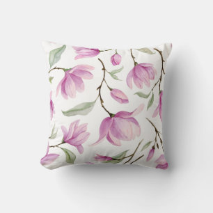 Coussin Aquarelle rose magnolia fleurs et coulisse feuille