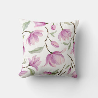Coussin Aquarelle rose magnolia fleurs et coulisse feuille