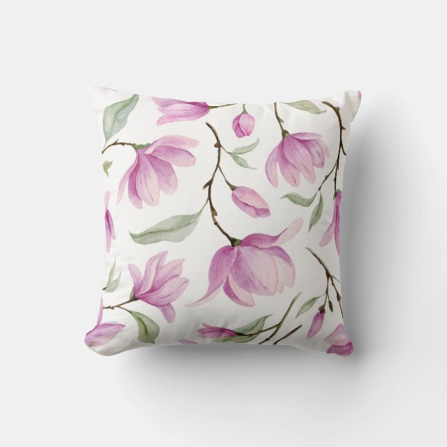 Coussin Aquarelle rose magnolia fleurs et coulisse feuille (Recto)