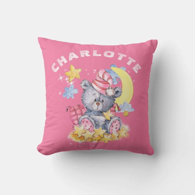 Coussin Aquarelle rose mignonne Ours Temps de sommeil Pépi (Recto)