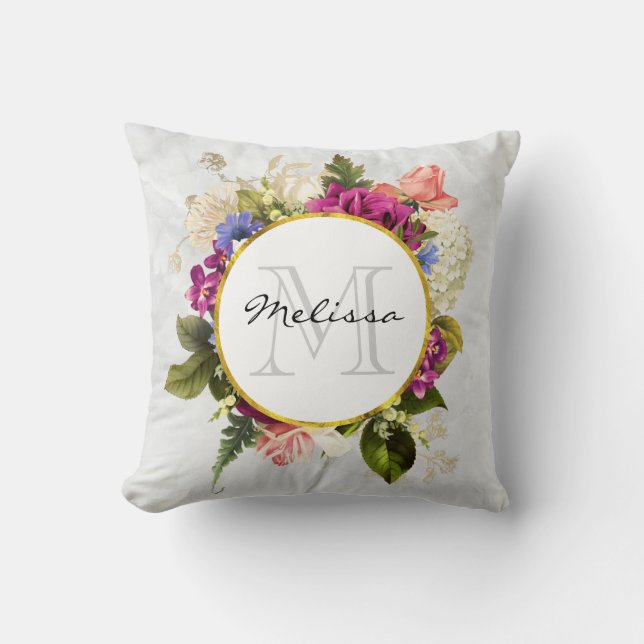 Coussin Aquarelle rose moderne Bouquet floral Monogramme (Recto)