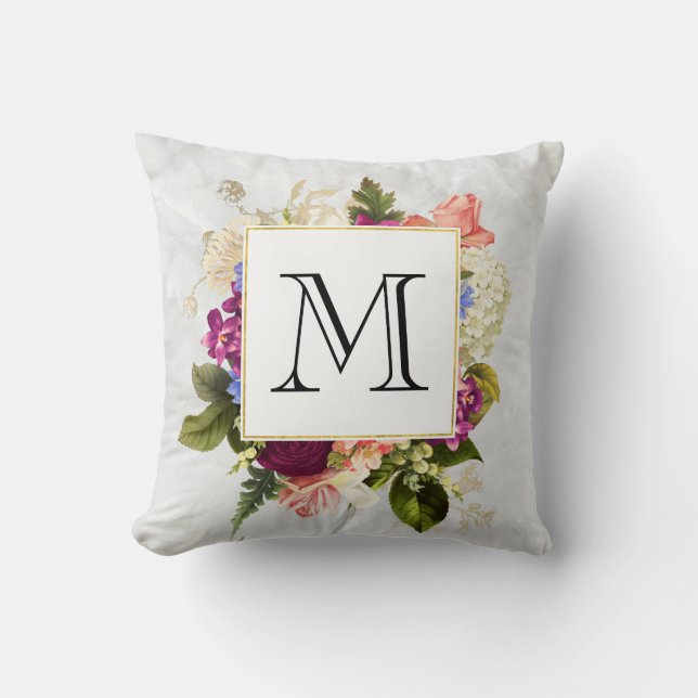 Coussin Aquarelle rose moderne Bouquet floral Monogramme