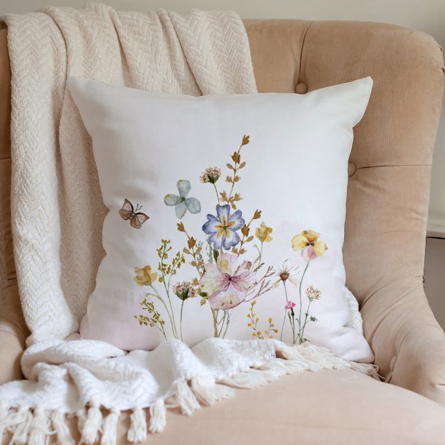 Coussin Aquarelle Rose pressé et séché Fleurs sauvages (Créateur téléchargé)