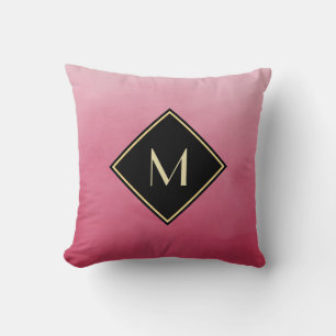 Coussin Aquarelle rose profonde avec Monogramme noir et or