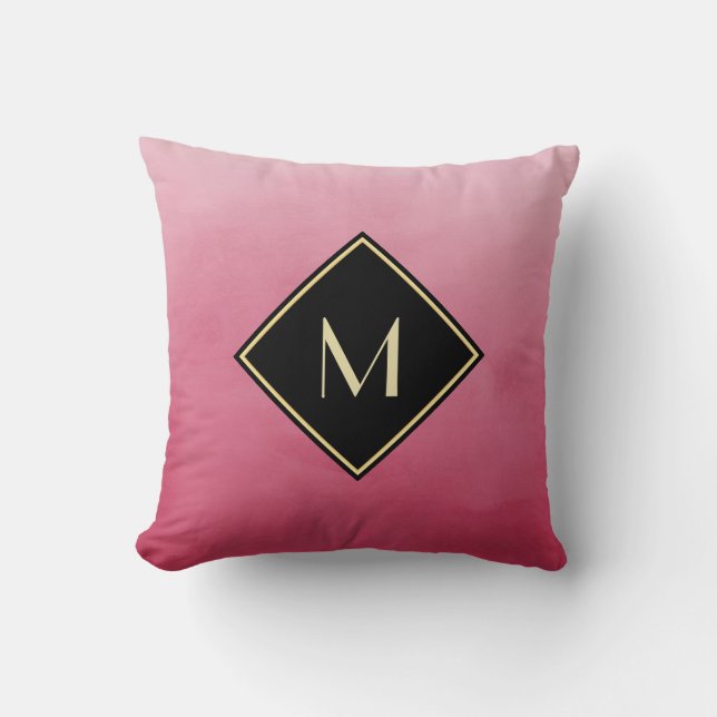 Coussin Aquarelle rose profonde avec Monogramme noir et or (Recto)