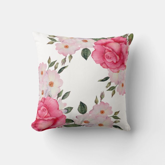 Coussin Aquarelle rose Roses blanches Corner Plaine (Recto)