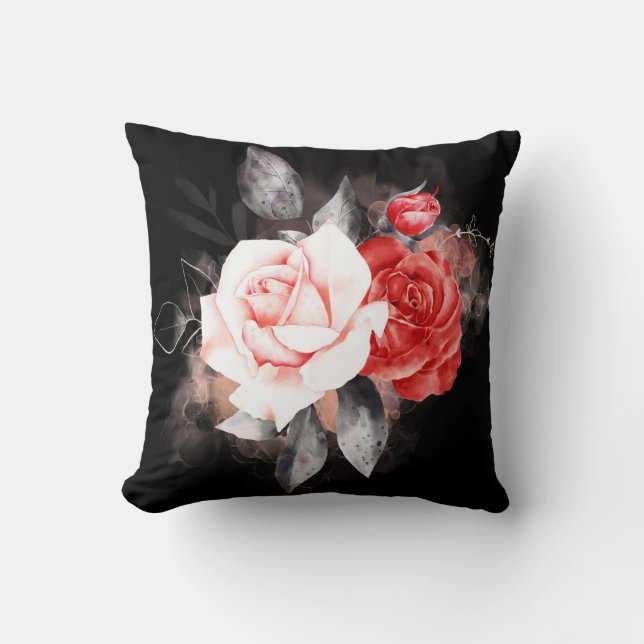 Coussin Aquarelle rose rouge blanc arrangement noir (Recto)
