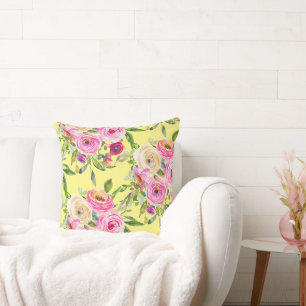 Coussin Aquarelle Roses en rose et rouge sur jaune