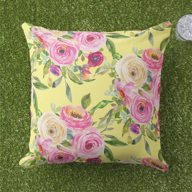 Coussin Aquarelle Roses en rose et rouge sur jaune (Herbe)
