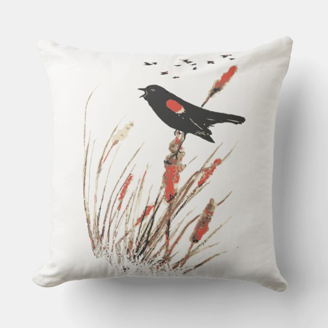Coussin Aquarelle Rouge aile Oiseau noir Oiseau Oiseau ani (Recto)