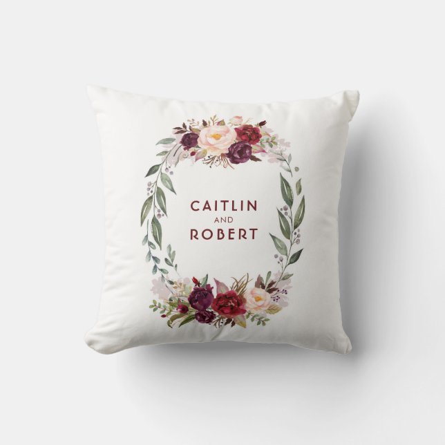 Coussin Aquarelle rouge Bourgogne Fleurs Élégantes Romanti (Recto)