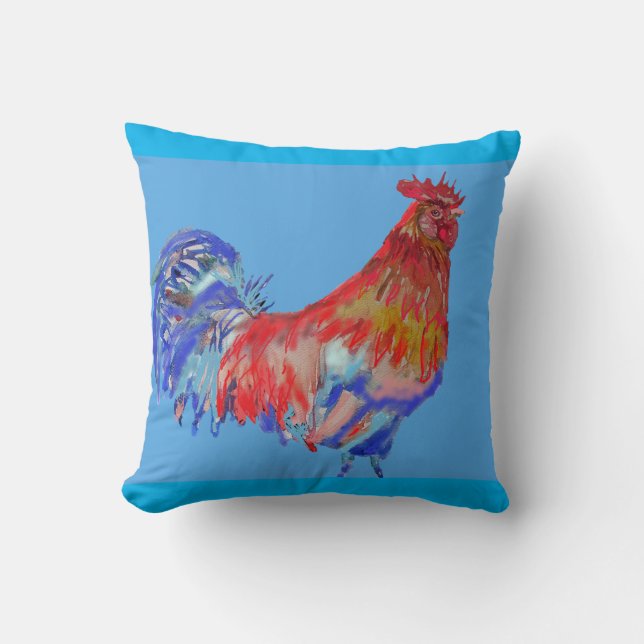 Coussin Aquarelle rouge et bleu coq (Recto)