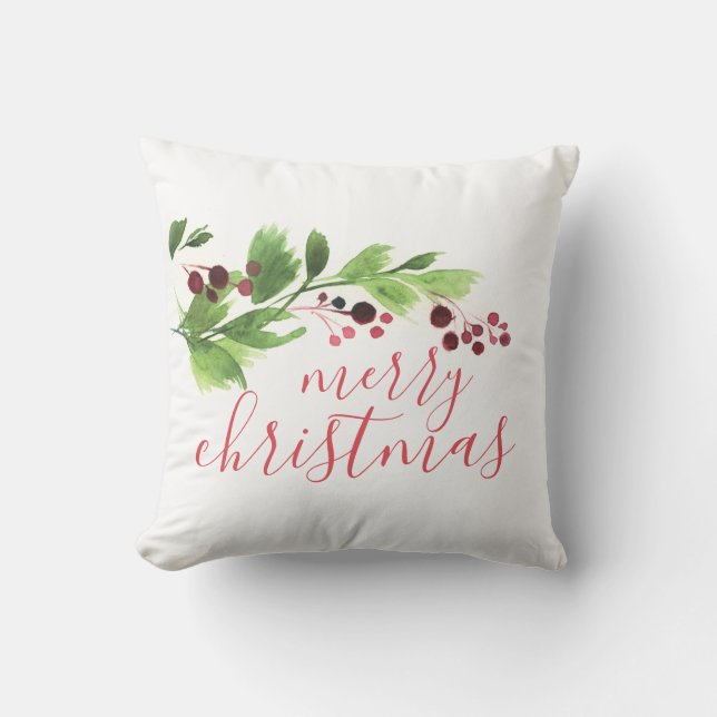 Coussin Aquarelle Rouge et Vert Holly Berry Noël (Recto)