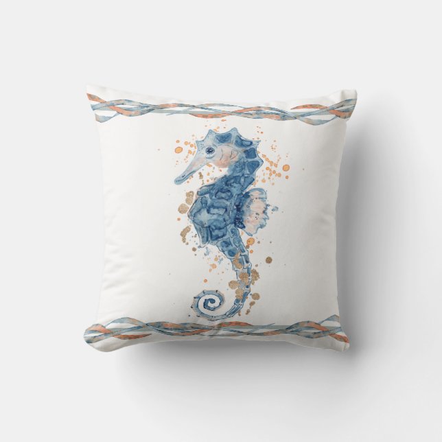 Coussin Aquarelle Seahorse maritime gris bleu côtelette (Recto)