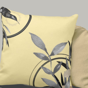 Coussin Aquarelle simple Jaune et Gris Feuilles