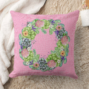 Coussin Aquarelle succulente couronne florale sur rose
