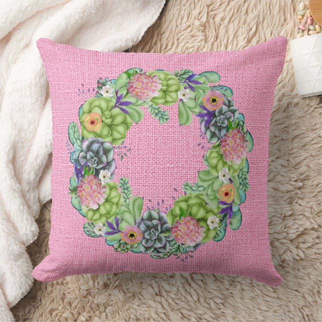 Coussin Aquarelle succulente couronne florale sur rose (Couverture)