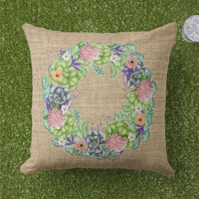Coussin Aquarelle succulente couronne florale sur tan (Herbe)