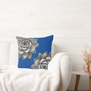 Coussin Aquarelle Succulente Gris sur Bleu