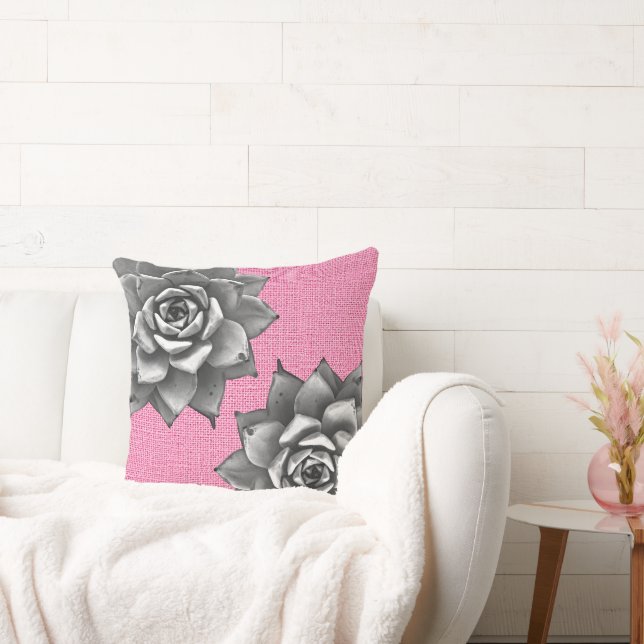 Coussin Aquarelle Succulente Gris sur rose (Canapé)