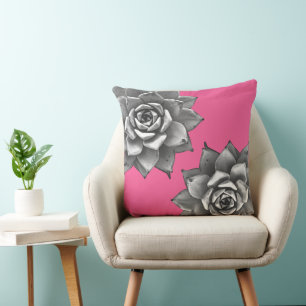 Coussin Aquarelle Succulente Gris sur rose chaud
