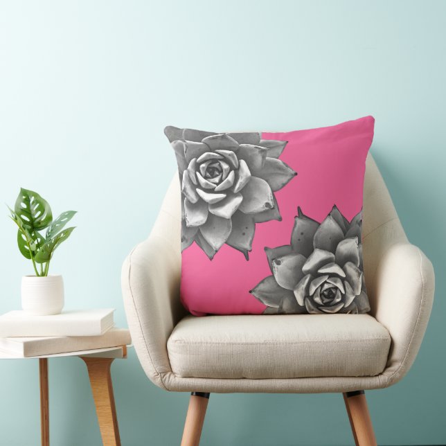 Coussin Aquarelle Succulente Gris sur rose chaud (Chaise)