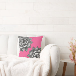 Coussin Aquarelle Succulente Gris sur rose chaud