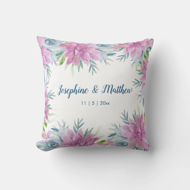 Coussin Aquarelle Succulents Mariage personnalisé (Recto)