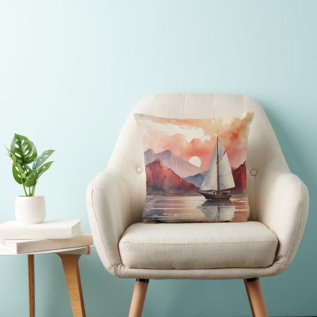 Coussin Aquarelle Sunrise Avec Yacht (Chaise)