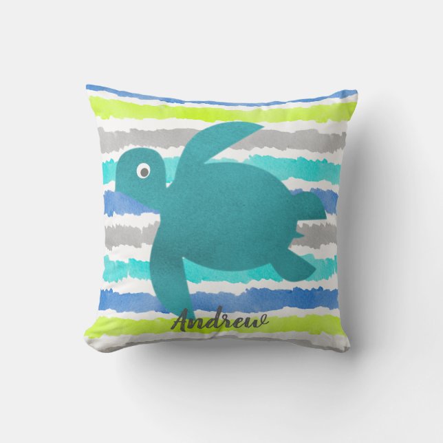 Coussin Aquarelle Tortue De Mer Shibori Vague Et Rayures (Recto)