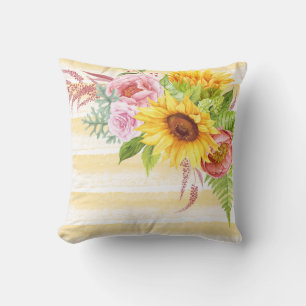 Coussin Aquarelle tournesol pivoines Roses rayures